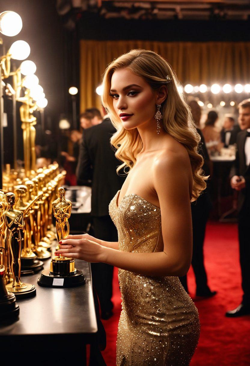 A glamorous backstage scene filled with elegant celebrities preparing for an award ceremony, adorned with sparkling gowns and tuxedos, surrounded by makeup artists and stylists. The atmosphere is buzzing with excitement, showcasing twinkling lights, red carpets, and golden trophies. Capture the energy of anticipation as stars get ready to shine on stage. vibrant colors. super-realistic. dramatic lighting.